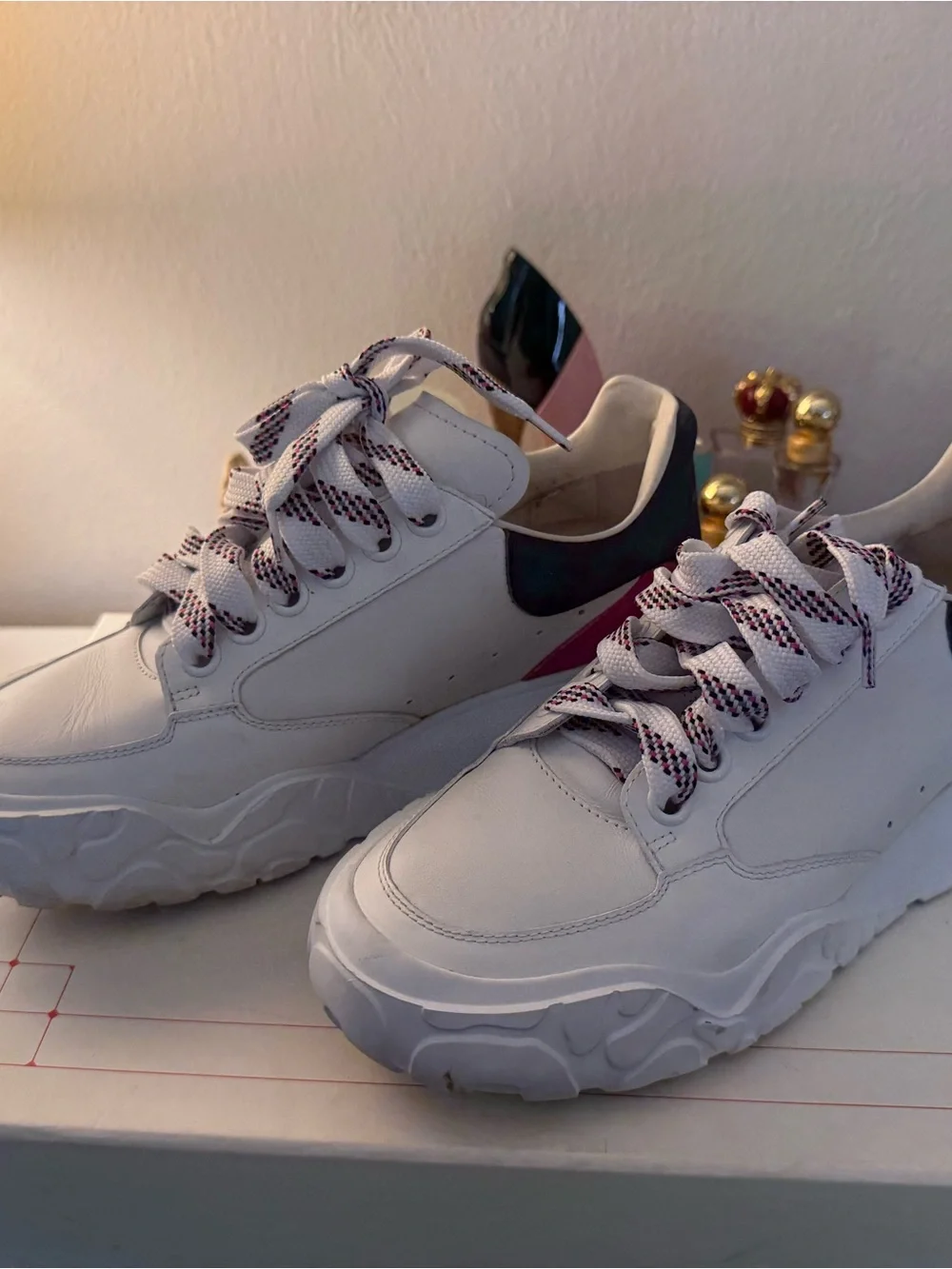 White Women's Chunky Lace-Up Sneakers with Pink